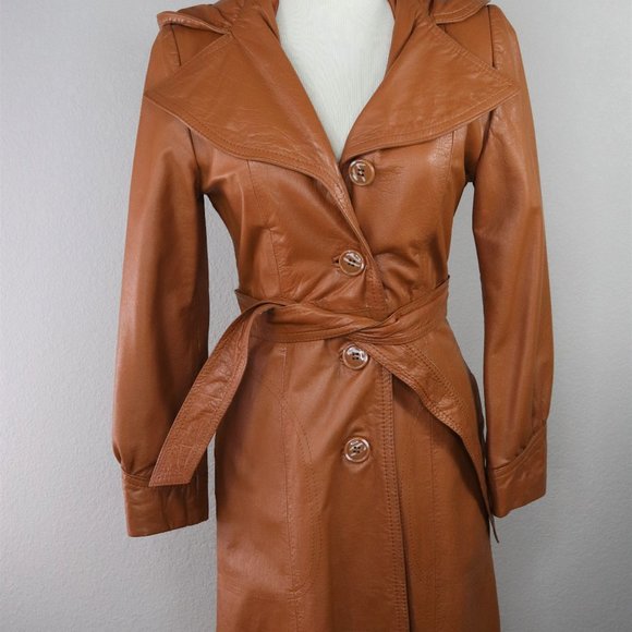 Vintage Boho 70's Leather Trench Coat with Hood Size S - Picture 9 of 14